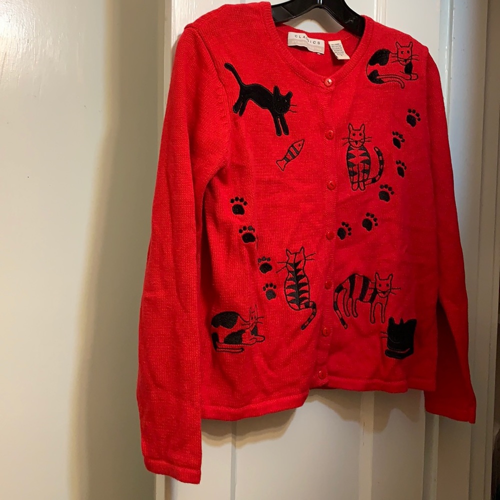 Red button cardigan sweater with cat embroidery